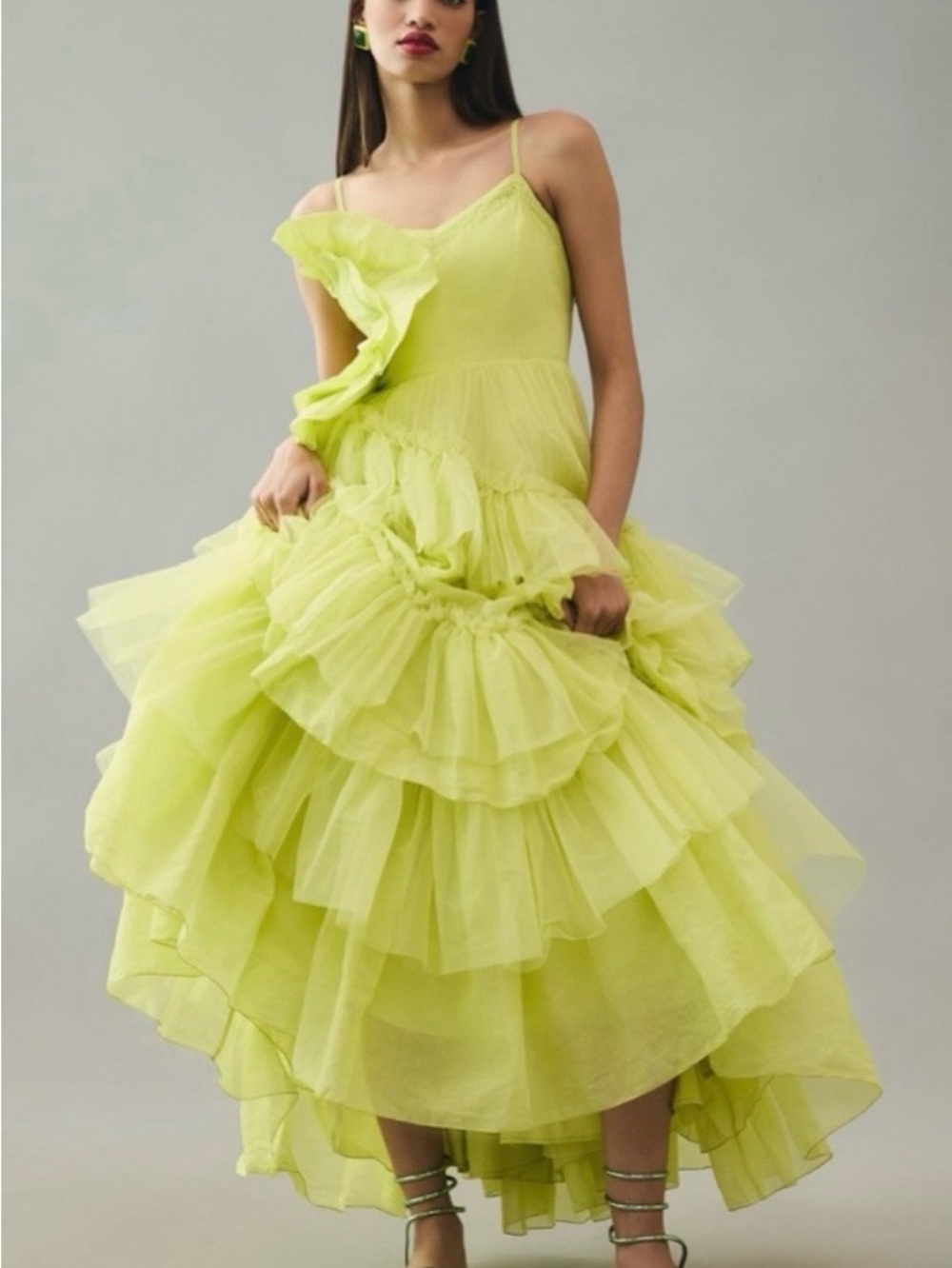 Anthropologie Lime Green Ruffle Tulle Midi Dress - Women Size Small